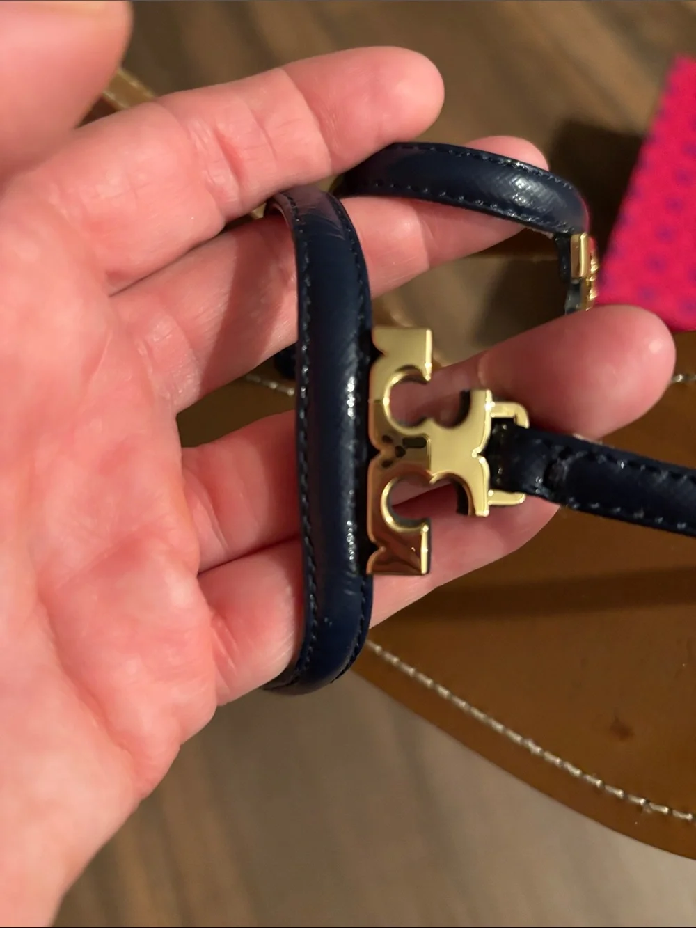 Tory Burch Navy and Tan Leather T-strap Sandals